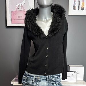 Vintage Y2K Faux-Fur-Trim Black Cardigan